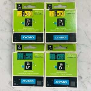 4 - DYMO D1 Label Cassette (2) 45018 Black/Yellow (2) 45019 Black/Green 1/2"x23'